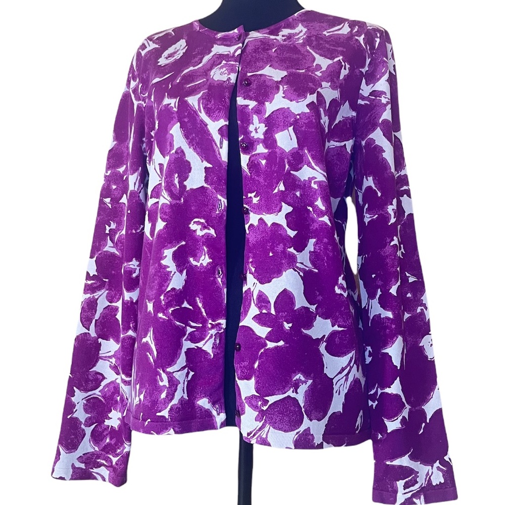 Cardigan sweater, color burgundy pink white, size medium.